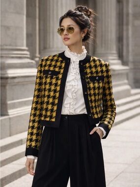 HARVÉ BERNARD Vintage Tweed Houndstooth Blazer Jacket - Black and Yellow Size 12